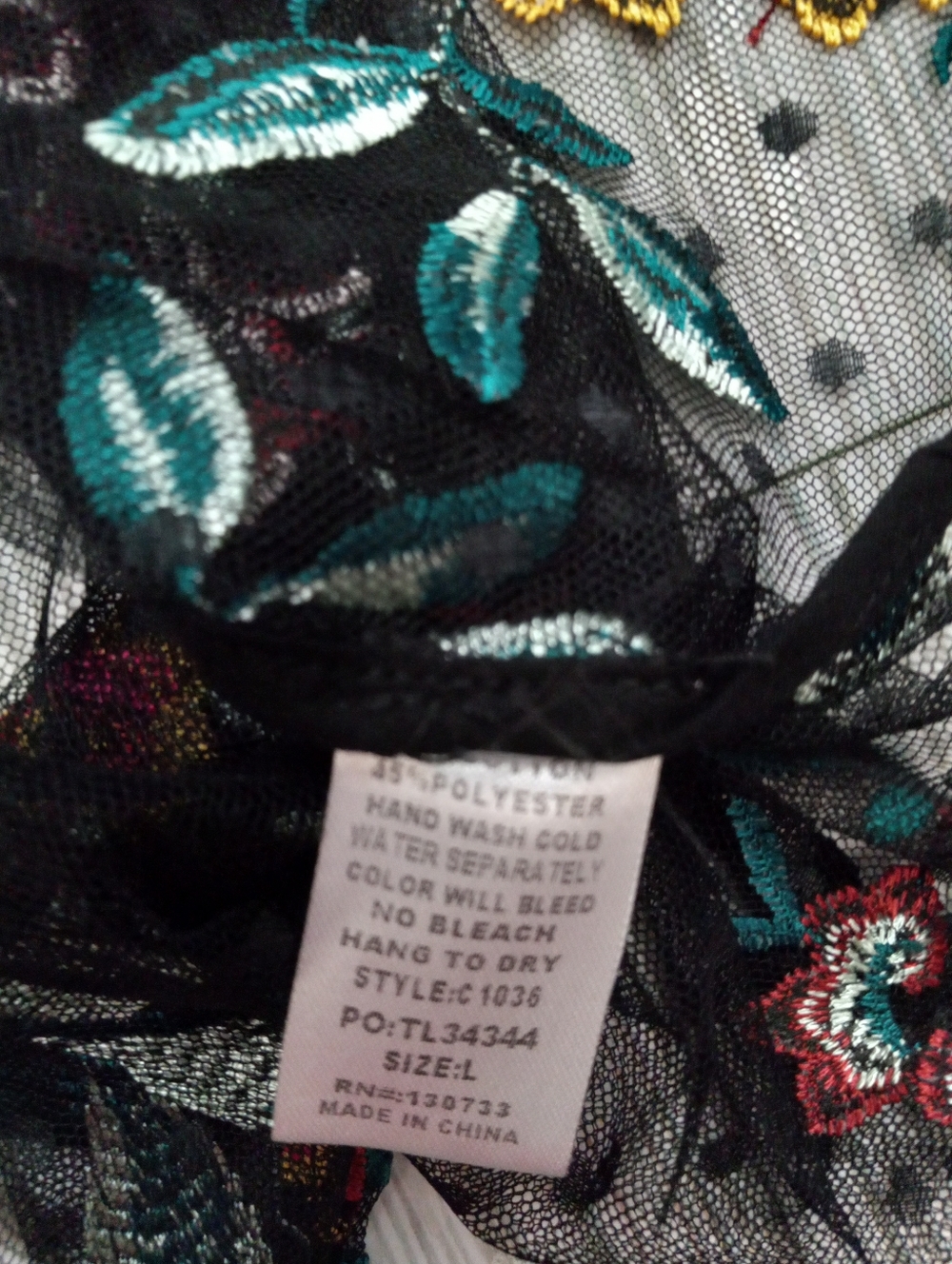 Umgee Black Sheer Mesh Dot Embroidered Floral Boho Bell Sleeve Peplum Top  - Picture 7 of 7